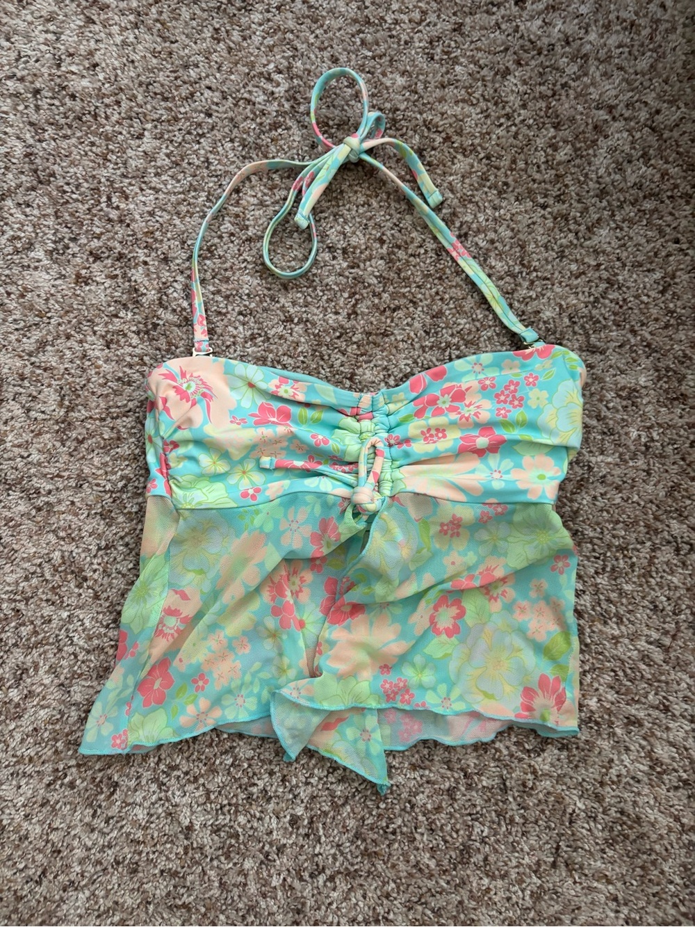 Celebrity Pink Floral Halter Tankini Top in Aqua, Pink, Yellow